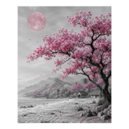 Maanverlichte Bloesem Boom Landschap Muurkunst Perfect Poster