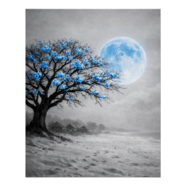 Maanverlichte Bloesem Boom Landschap Muurkunst Perfect Poster