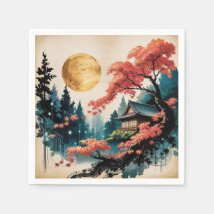 Maanverlichte blokhut Japanse bos kunst (4) Servet