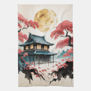 Maanverlichte blokhut Japanse bos kunst (5) Theedoek