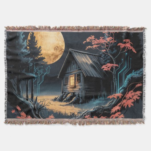 Maanverlichte blokhut Japanse bos kunst (6) Deken (Voorkant)