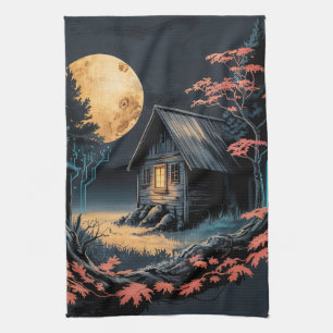 Maanverlichte blokhut Japanse bos kunst (6) Theedoek