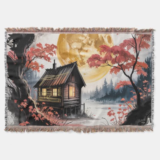 Maanverlichte blokhut Japanse bos kunst (7) Deken (Voorkant)