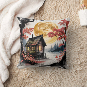 Maanverlichte blokhut Japanse bos kunst (7) Kussen