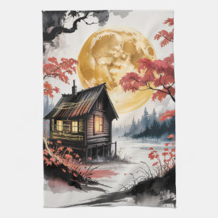 Maanverlichte blokhut Japanse bos kunst (7) Theedoek