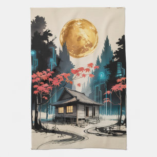 Maanverlichte blokhut Japanse bos kunst (9) Theedoek