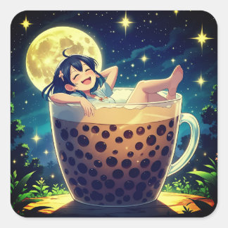 Maanverlichte Boba Dromen Vierkante Sticker