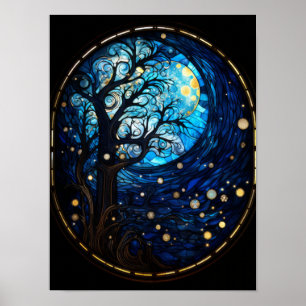 Maanverlichte Boom Gebrandschilderd Hemels Kunstwe Poster