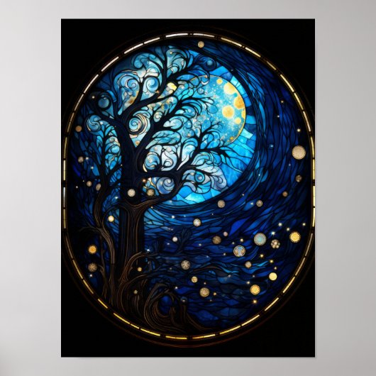 Maanverlichte Boom Gebrandschilderd Hemels Kunstwe Poster (Voorkant)