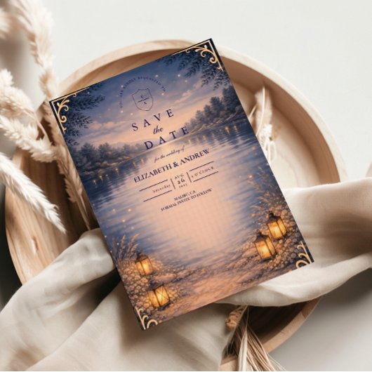 Maanverlichte bosromance-bruiloft aan het meer save the date