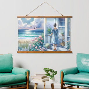 Maanverlichte cottage veranda aan zee hangend wandkleed