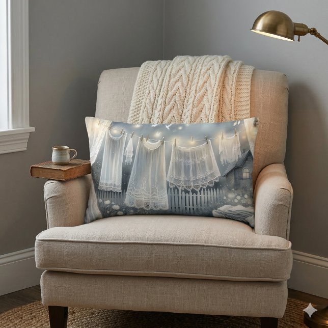 Maanverlichte Cottagecore Wasmijn Kussen (Moonlit Cottagecore Laundry Line Lumbar Pillow Mockup C)