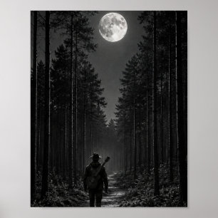 Maanverlichte dennenboszwerveling met gitaar Zwart Poster
