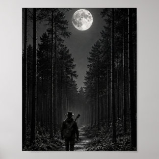 Maanverlichte dennenboszwerveling met gitaar Zwart Poster