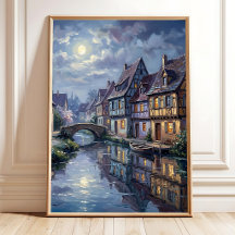 Maanverlichte dorpsmuur kunst canvasprint