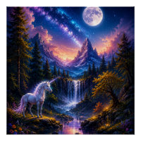 Maanverlichte Eenhoorn Fantasie landschap Poster M