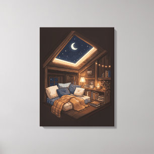 Maanverlichte gezellige blokhut leeshoek illustrat canvas afdruk