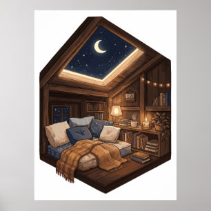 Maanverlichte gezellige blokhut leeshoek illustrat poster