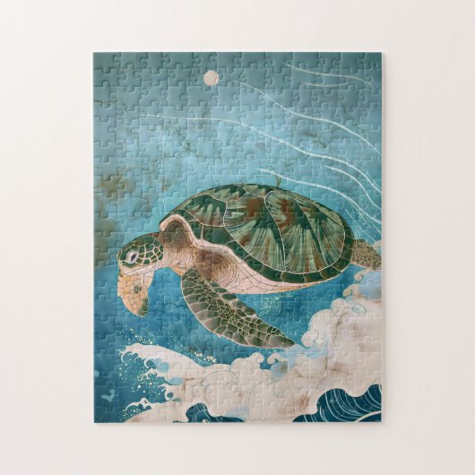 Maanverlichte golven - Zeeschildpad, Japanse Kunst Legpuzzel (Verticaal)