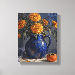 Maanverlichte goudsbloemen in een kobaltblauwe vaa canvas afdruk