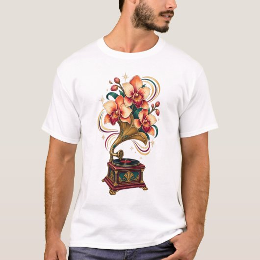 Maanverlichte Gramophone Orkidee Retro T-Shirt (Voorkant)