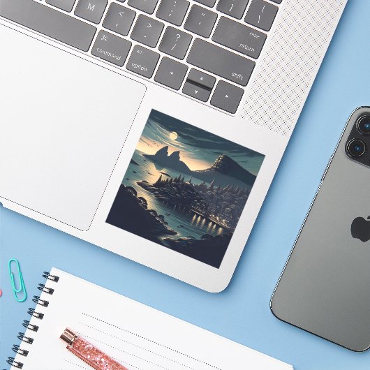 Maanverlichte haven sticker (Laptop met iPhone)