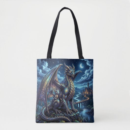 Maanverlichte Hemelse Draken en Kasteel Tote Bag (Voorkant)