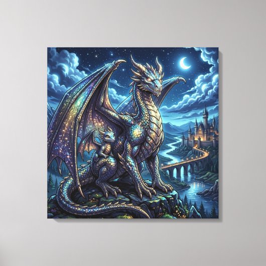 Maanverlichte Hemelse Vader en Zoon Draken   Canvas Afdruk (Voorkant)