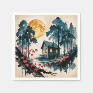 Maanverlichte hut Japanse bos kunst (1) Servet