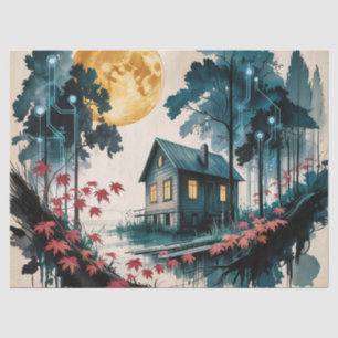 Maanverlichte hut Japanse bos kunst (1) Tissuepapier