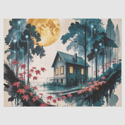 Maanverlichte hut Japanse bos kunst (1) Tissuepapier (Voorkant)