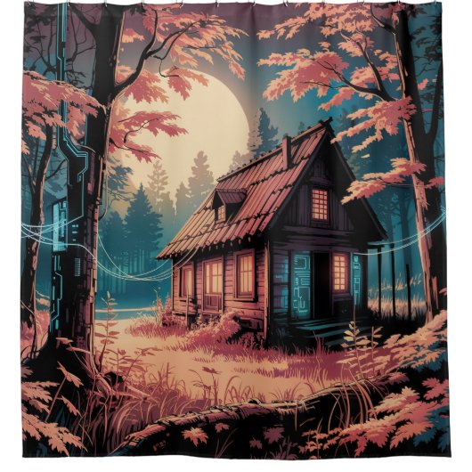 Maanverlichte hut Japanse bos kunst (2) Douchegordijn (Voorkant)