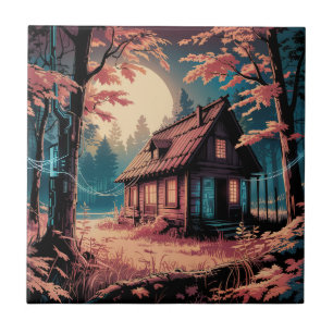 Maanverlichte hut Japanse bos kunst (2) Tegeltje