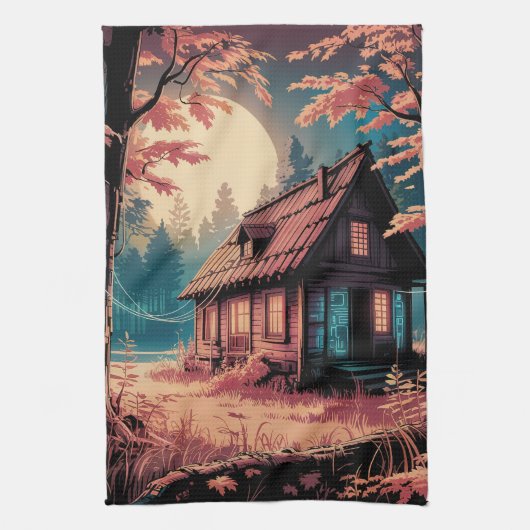 Maanverlichte hut Japanse bos kunst (2) Theedoek (Verticaal)