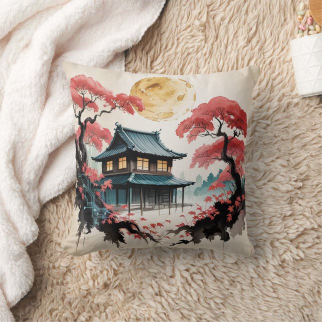 Maanverlichte hut Japanse bos kunst (5) Kussen (Deken)