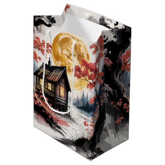 Maanverlichte hut Japanse bos kunst (7) Medium Cadeauzakje (Voorkant Gekanteld)