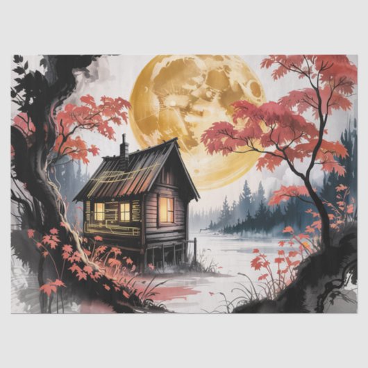 Maanverlichte hut Japanse bos kunst (7) Tissuepapier (Voorkant)