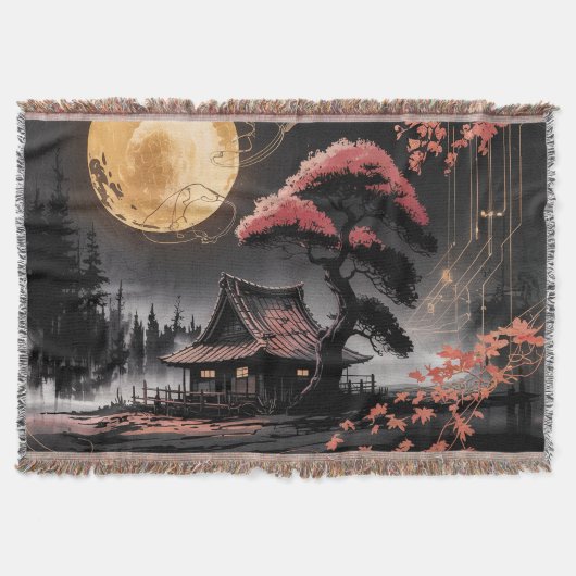Maanverlichte hut Japanse bos kunst (8) Deken (Voorkant)