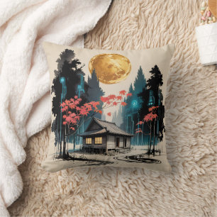 Maanverlichte hut Japanse bos kunst (9) Kussen