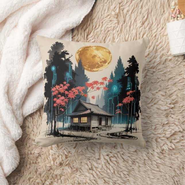 Maanverlichte hut Japanse bos kunst (9) Kussen (Deken)