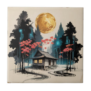 Maanverlichte hut Japanse bos kunst (9) Tegeltje