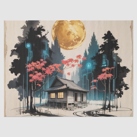 Maanverlichte hut Japanse bos kunst (9) Tissuepapier (Voorkant)