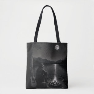 Maanverlichte Kampvuur Wandelaar Zwart en Wit Tote Bag