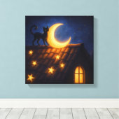 Maanverlichte kat op sterren dak canvas afdruk (Insitu (Houten vloer))