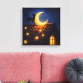 Maanverlichte kat op sterren dak canvas afdruk (Insitu (Woonkamer))