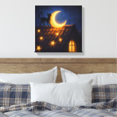 Maanverlichte kat op sterren dak canvas afdruk (Insitu (Slaapkamer))