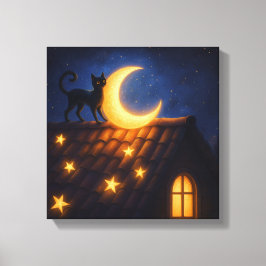 Maanverlichte kat op sterren dak canvas afdruk