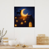 Maanverlichte kat op sterren dak poster (Keuken)