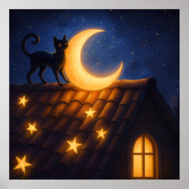 Maanverlichte kat op sterren dak poster