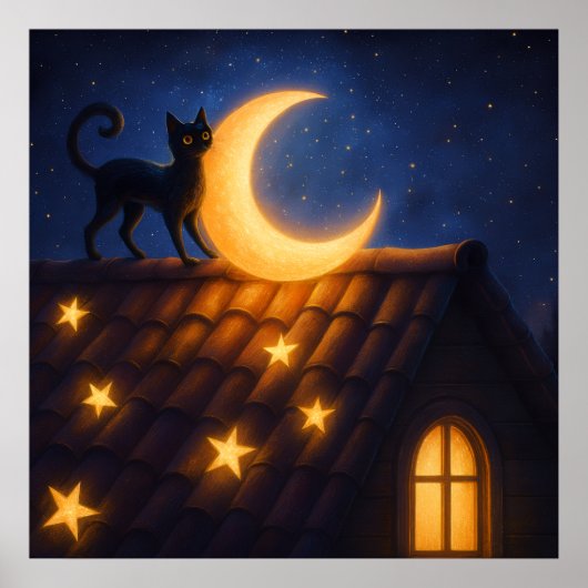 Maanverlichte kat op sterren dak poster (Voorkant)